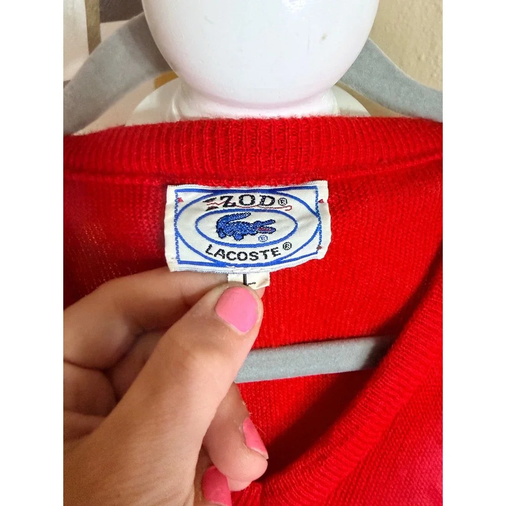Vintage Izod Lacoste Red V-Neck Sweater Mens Large Blue Croc Logo Orlon Acrylic